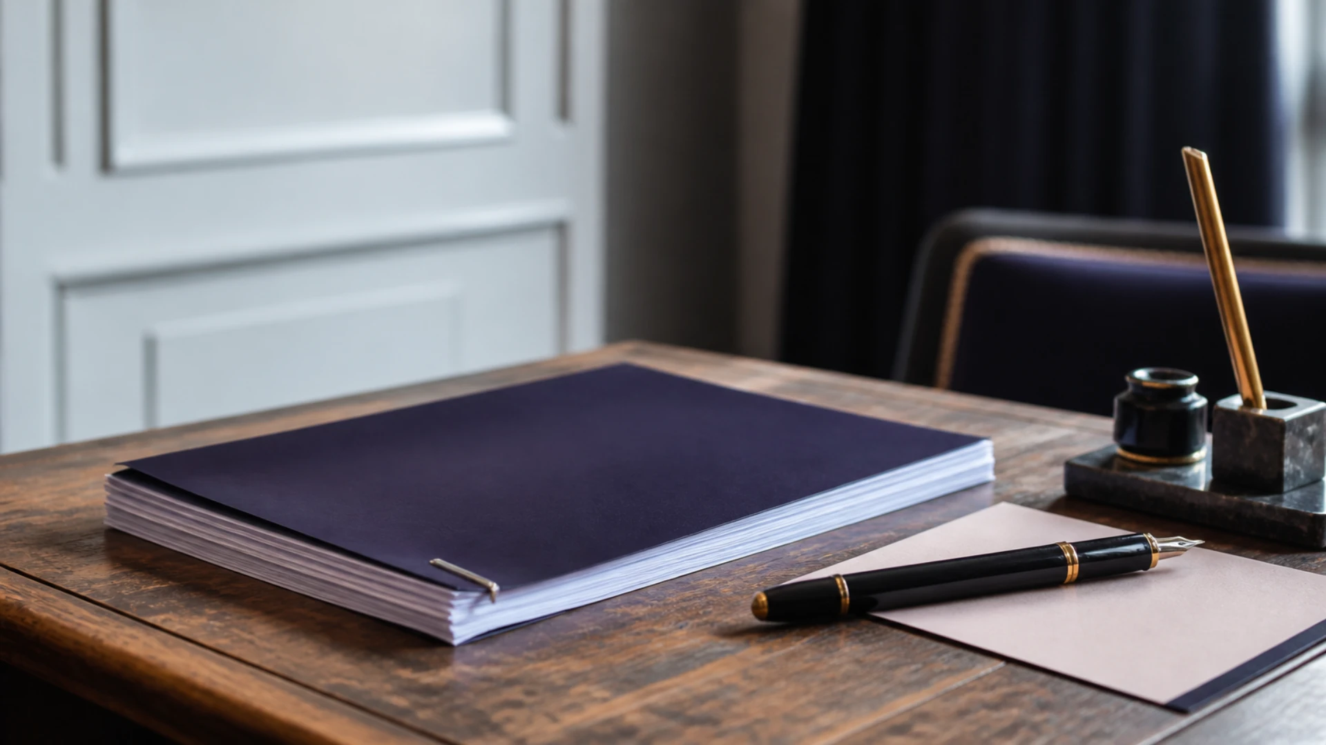 Liasse de statuts fermée sur un bureau ancien avec stylo plume, illustrant une modification statutaire