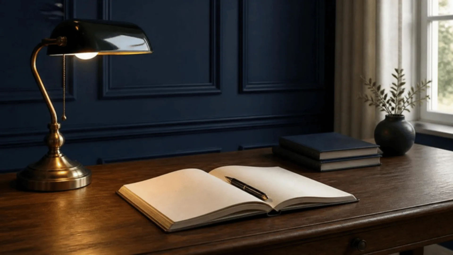 Document relié ouvert sur des pages vierges avec un stylo plume posé en travers, sous une lampe de banquier