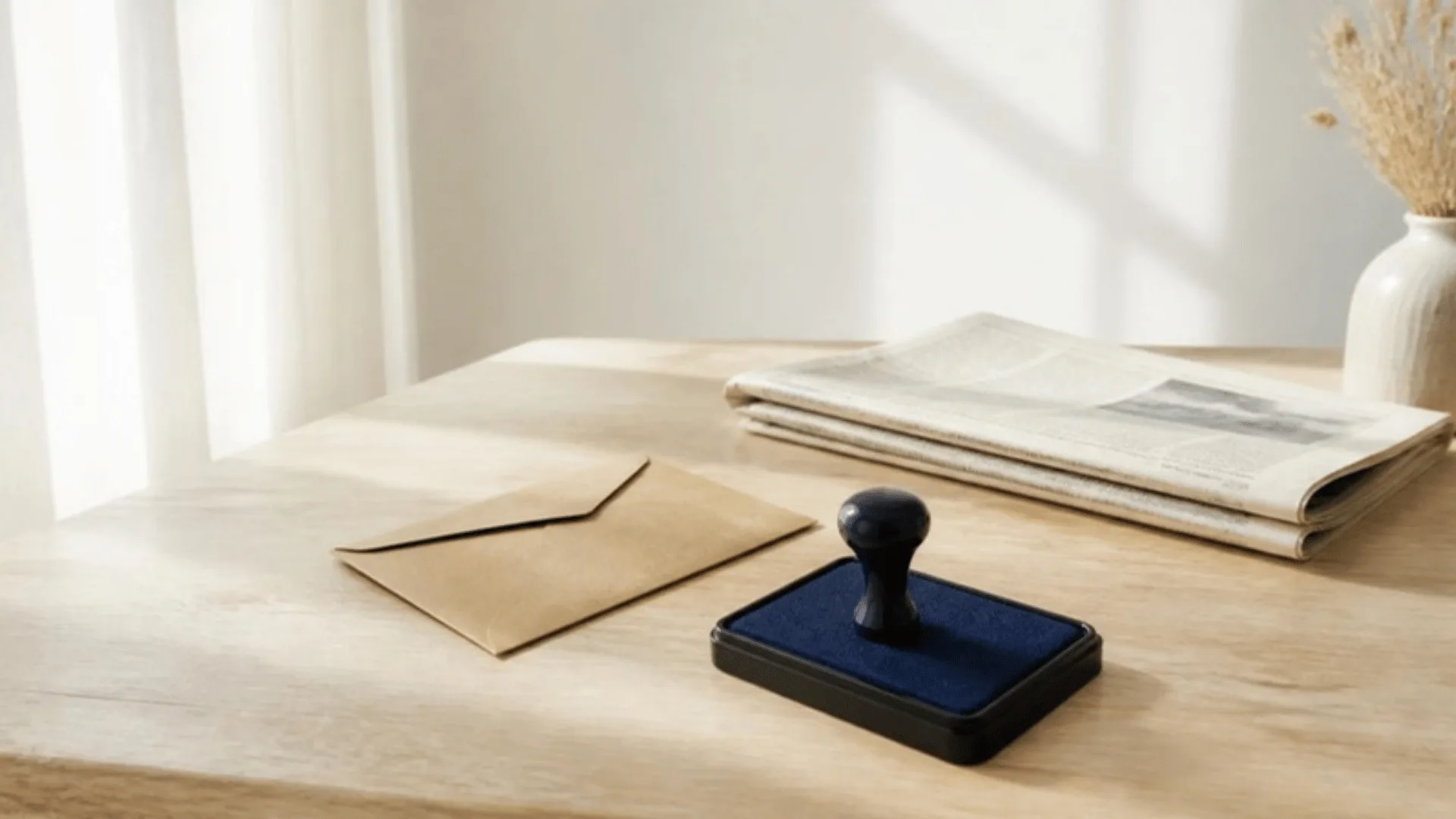 Tampon encreur, enveloppe kraft et journal plié posés sur une table en bois clair