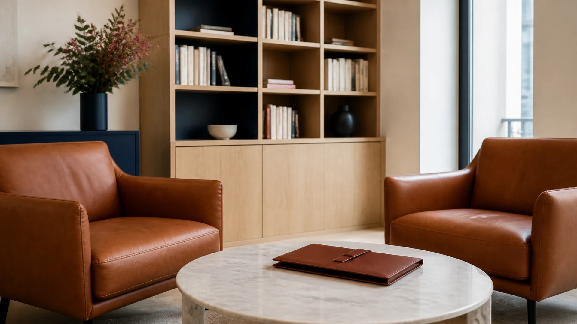 Deux fauteuils en cuir autour d'une table basse en marbre où repose une chemise en cuir fermée