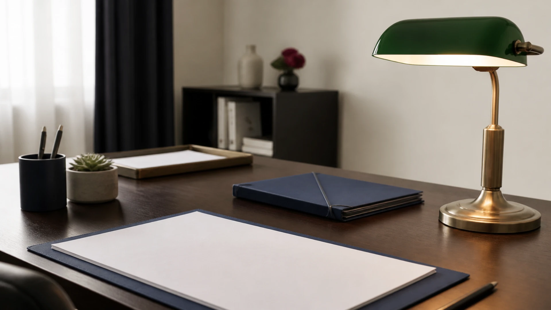 Organigramme imprimé vierge et chemise bleu nuit posés sur un bureau sous une lampe de banquier