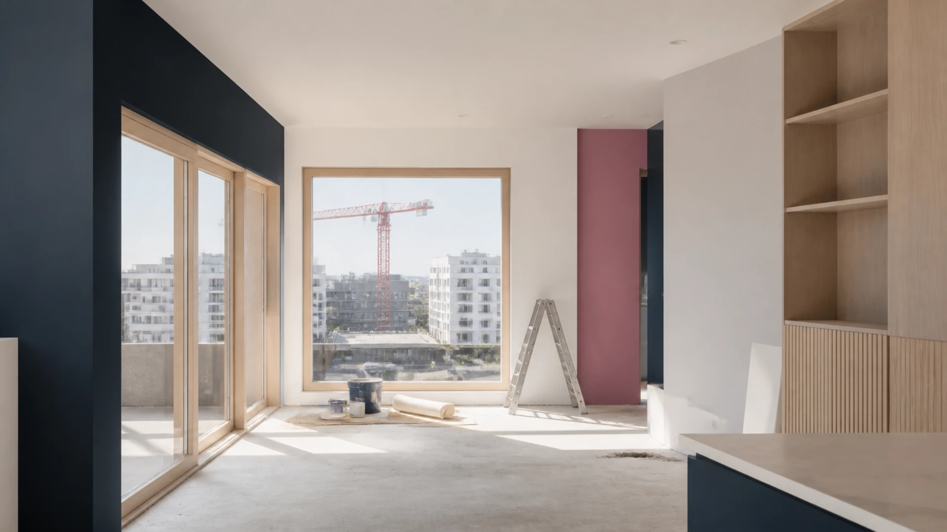 Appartement neuf en cours de finition avec sol brut et grue visible par la baie vitrée