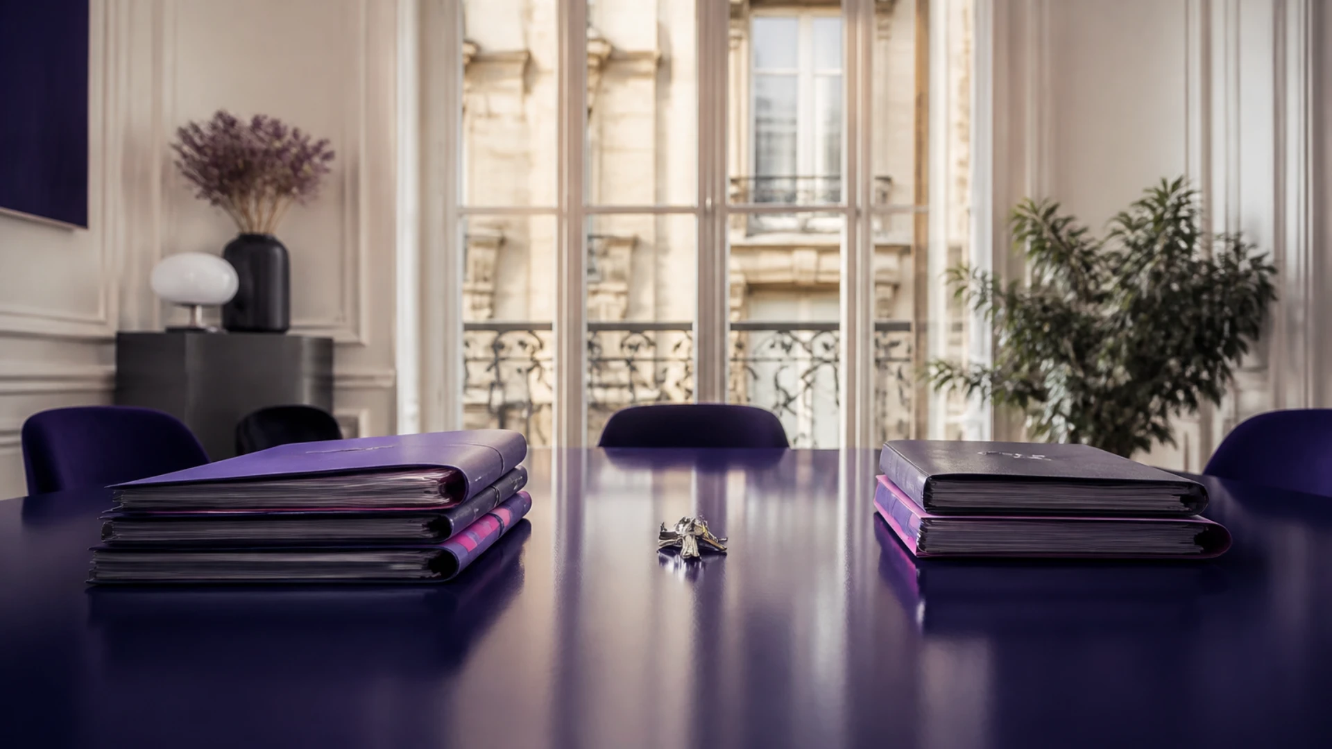Table de réunion haussmannienne avec deux piles de dossiers séparées par un jeu de clés