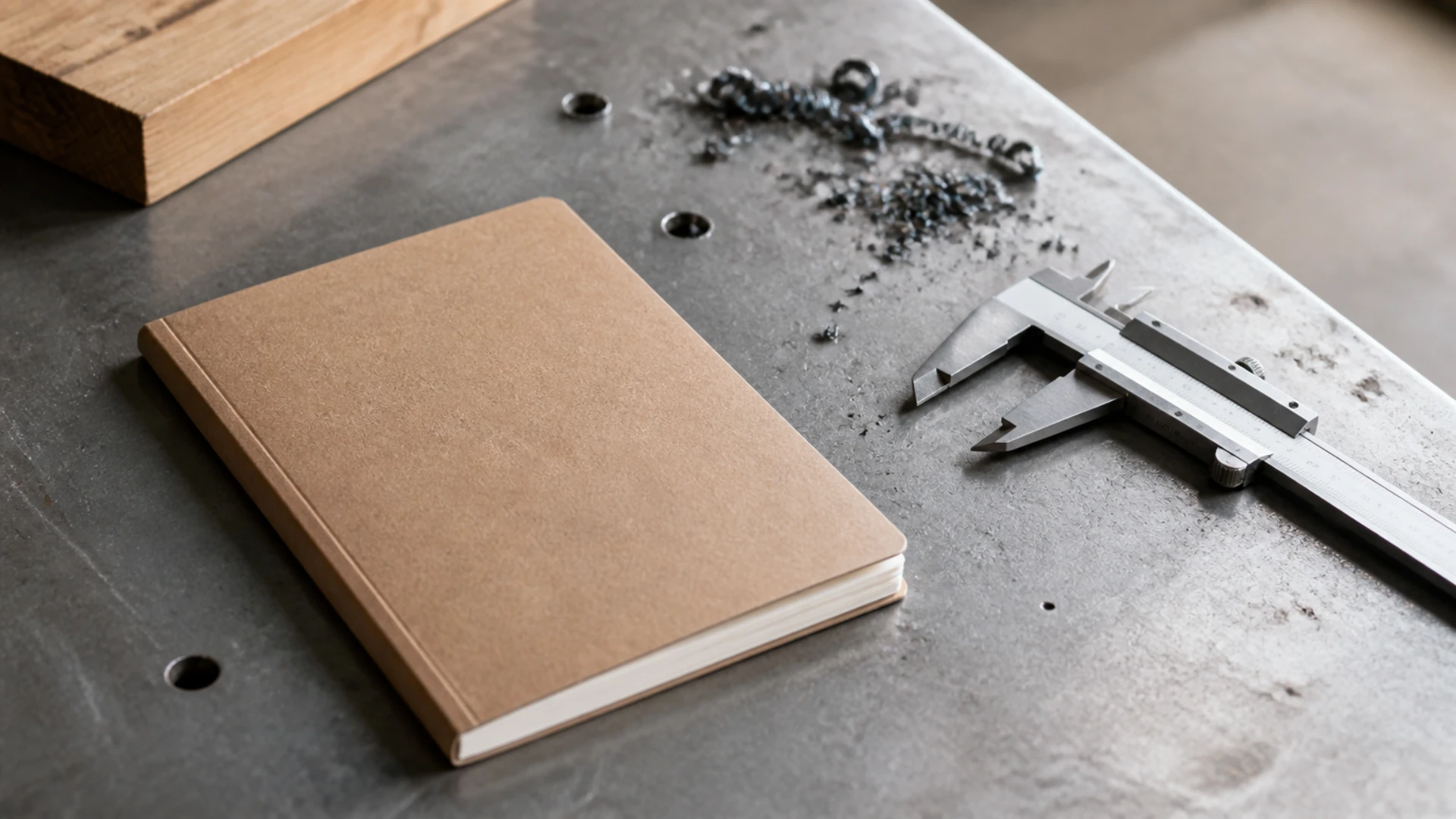 Carnet de production fermé posé sur un établi métallique à côté d'un pied à coulisse