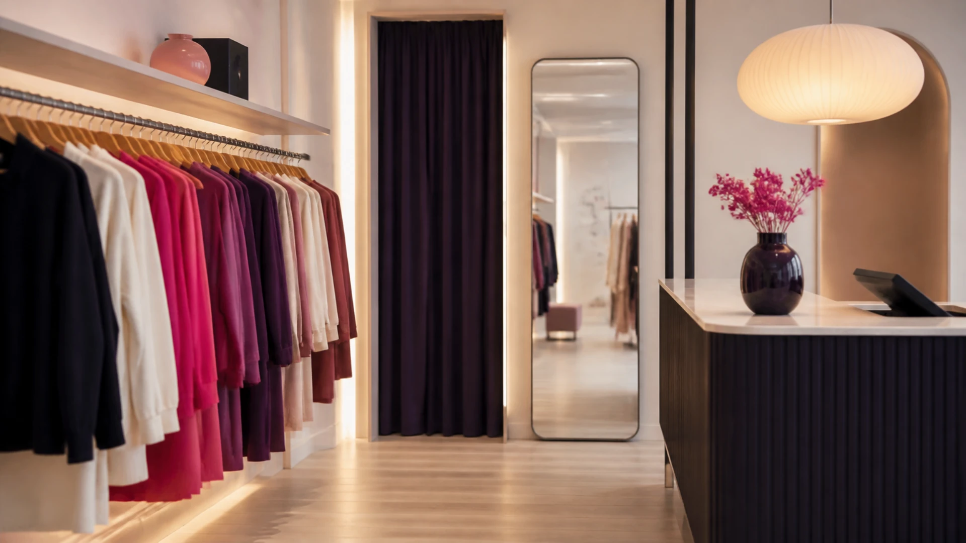 Boutique de prêt-à-porter avec portants alignés, cabine d’essayage et comptoir de caisse