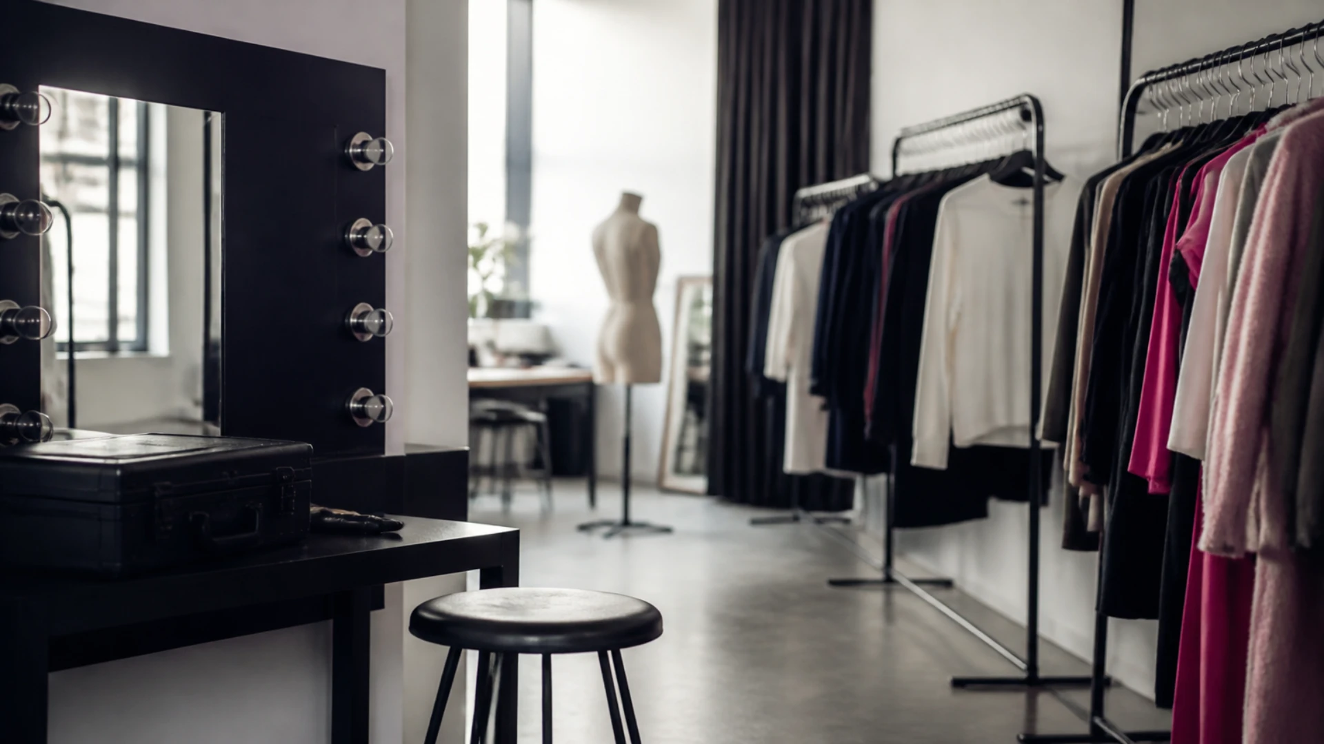 Coulisses d’un studio de mode avec portants de vêtements et miroir de loge, mannequin de dos au second plan