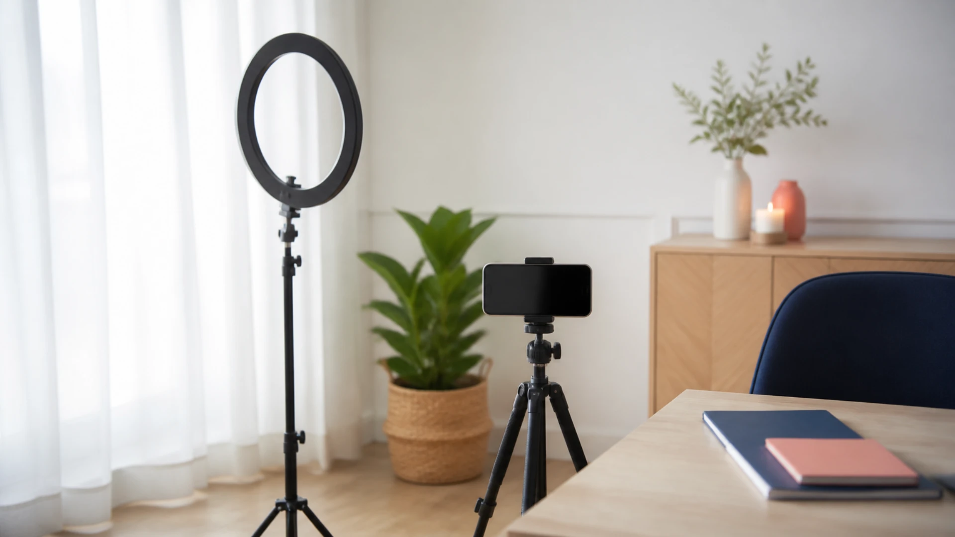 Anneau lumineux éteint et smartphone sur trépied dans un coin de bureau à domicile