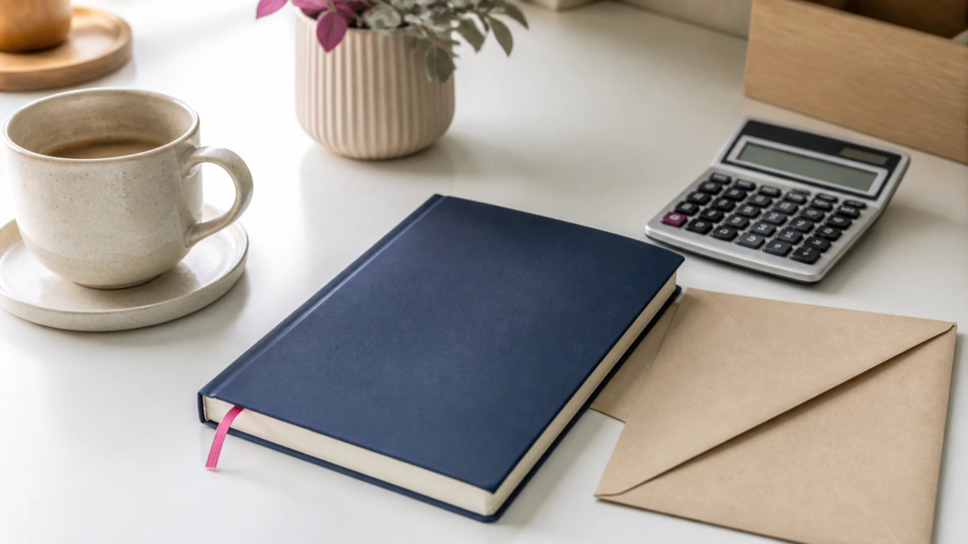Calculatrice, carnet fermé et enveloppe kraft posés sur un bureau blanc