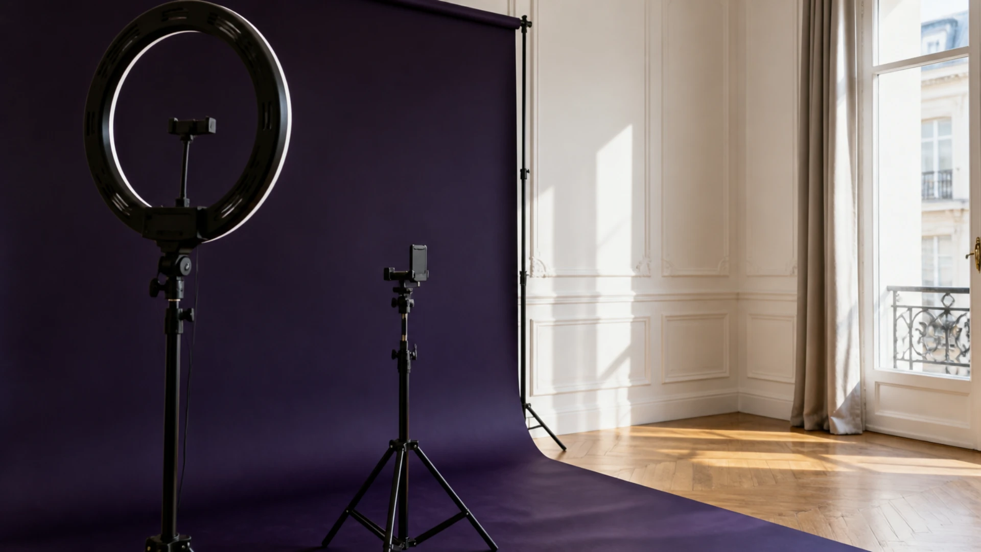 Coin de tournage domestique avec anneau lumineux et trépied dans un appartement haussmannien