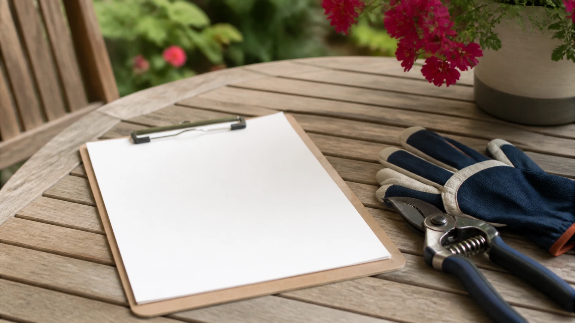 Devis vierge sur une planchette à pince posé sur une table de jardin avec un sécateur