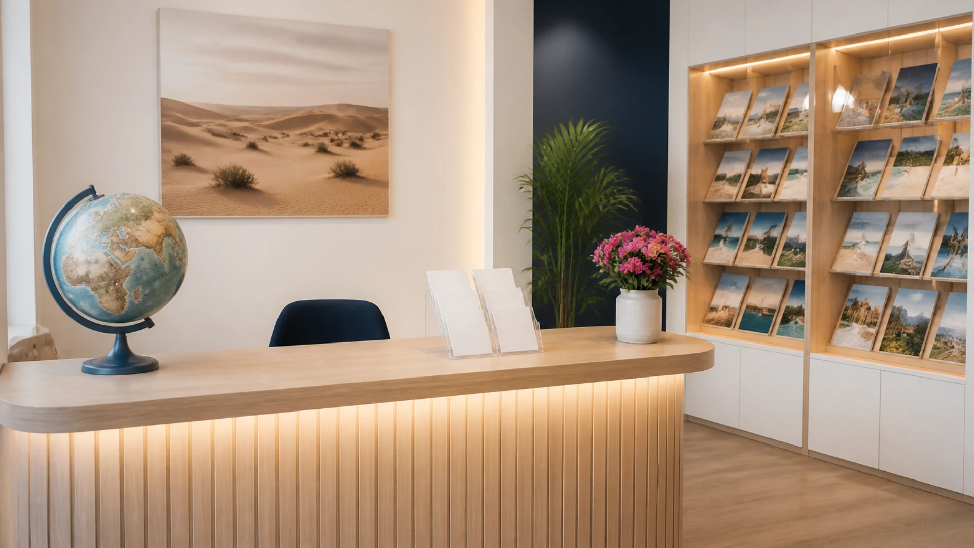 Comptoir d'agence de voyages avec globe terrestre et présentoir de brochures, sans personne