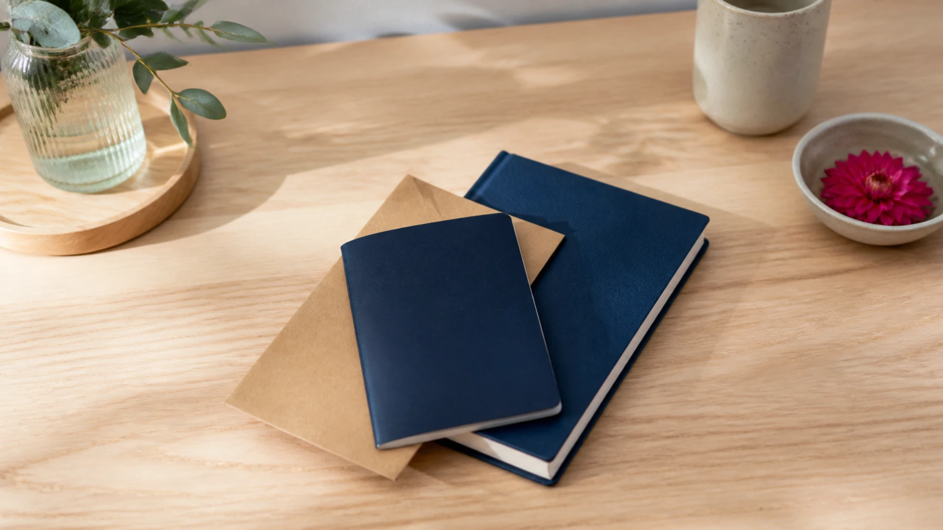 Carnet fermé, passeport fermé et enveloppe kraft posés sur un comptoir en bois clair