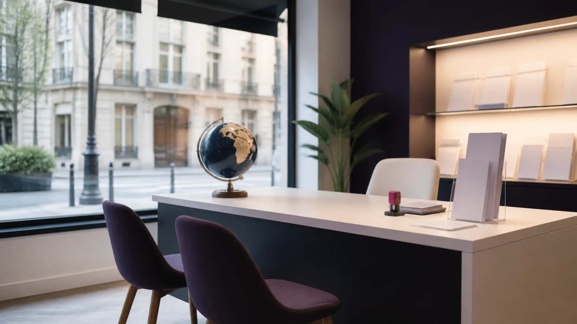 Comptoir d’agence de voyage avec globe terrestre et présentoir de brochures vierges