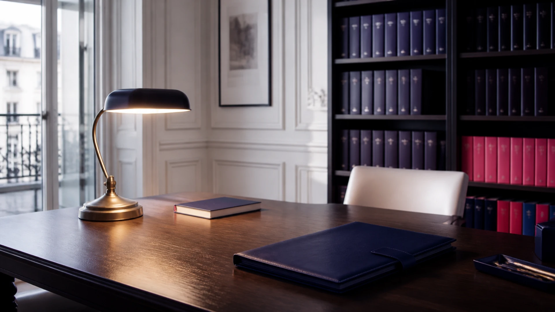 Cabinet d’avocat fiscaliste avec bibliothèque de recueils reliés et lampe de banquier allumée