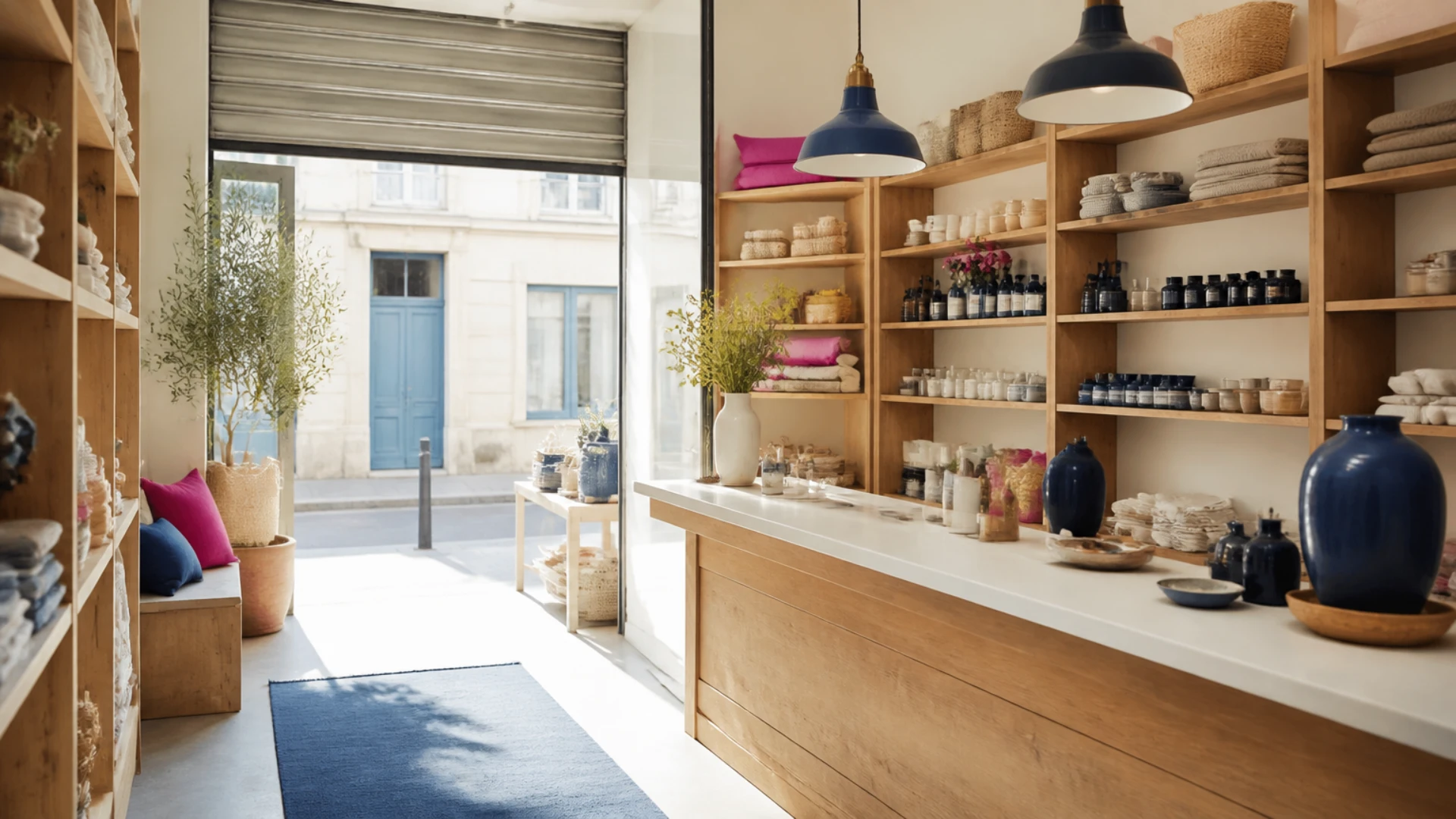Intérieur d'une petite boutique avec étagères garnies et comptoir, sans personne