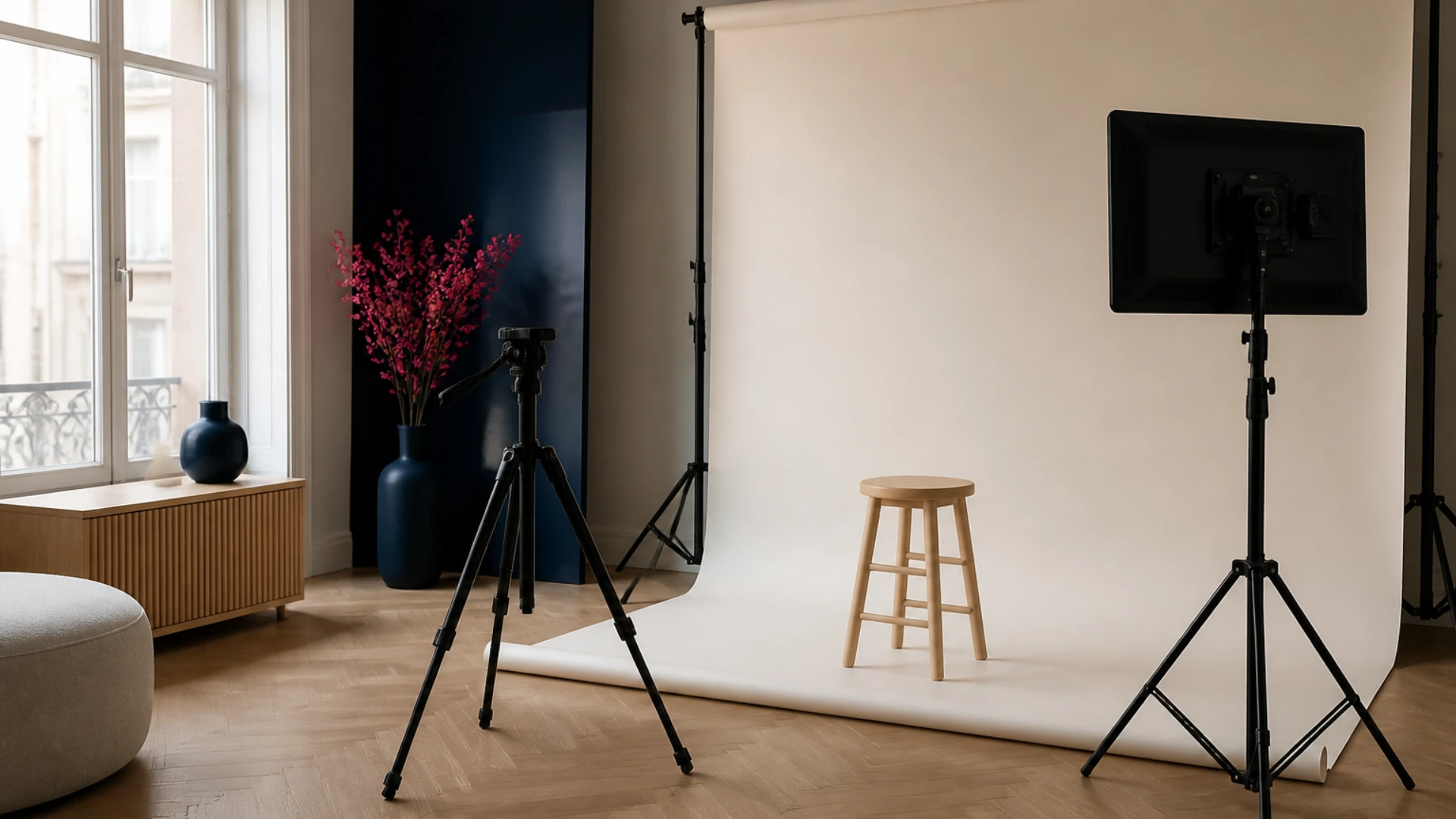 Trépied vide et panneau lumineux éteint devant un fond de papier crème dans un studio à domicile