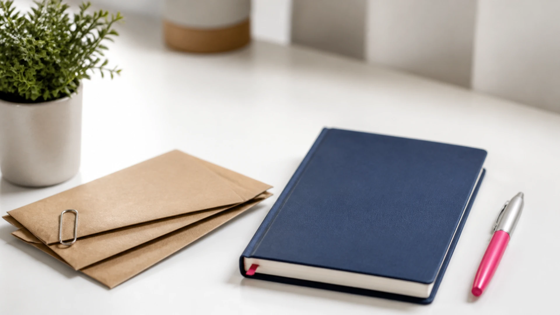 Trois enveloppes kraft retenues par un trombone à côté d'un carnet fermé et d'un stylo