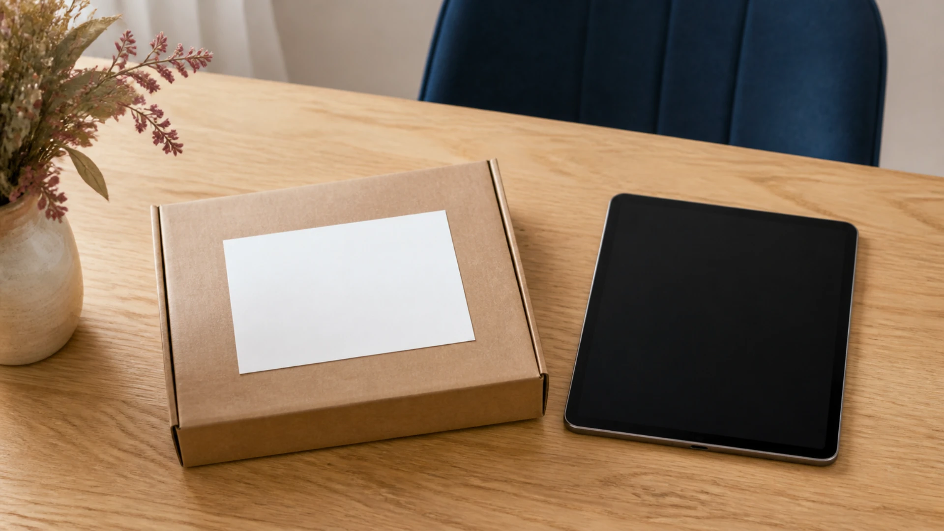 Étiquette d'expédition vierge posée sur un carton fermé à côté d'une tablette éteinte