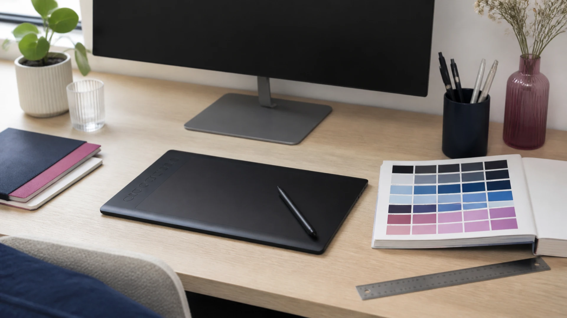 Tablette graphique, stylet et nuancier ouvert sur le bureau en bois clair d'un graphiste