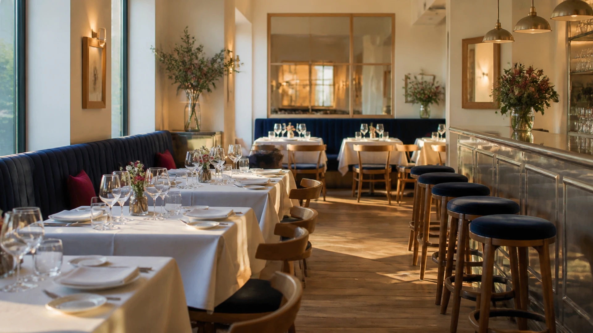 Salle de restaurant dressée avant le service avec tables nappées et comptoir en zinc