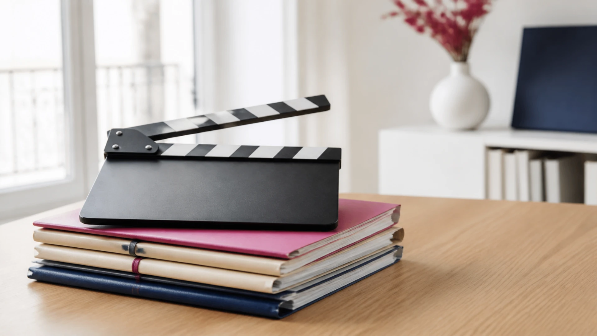 Clap de cinéma fermé sans inscription posé sur une pile de dossiers cartonnés