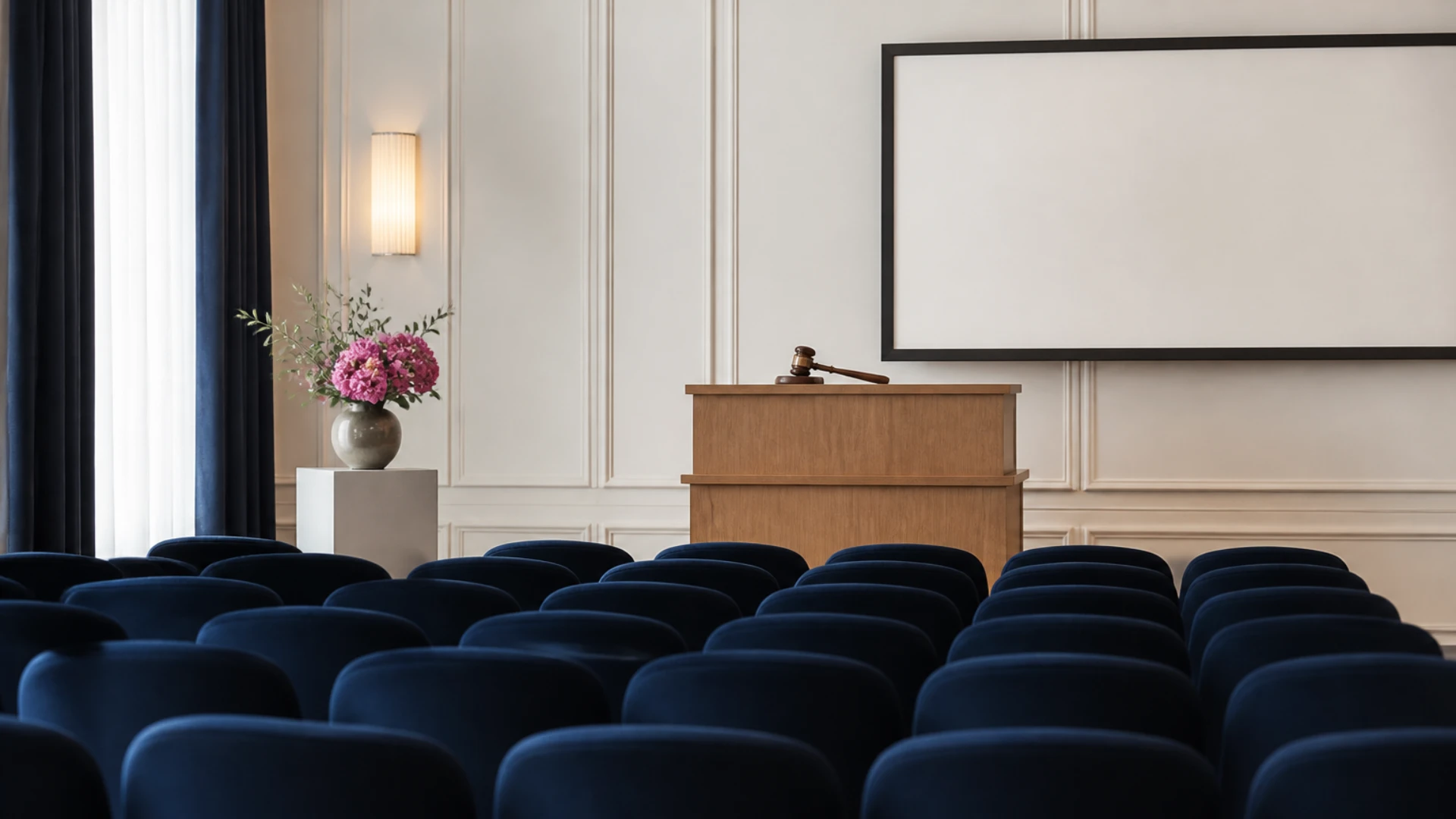 Salle des ventes vide avec rangées de chaises et marteau posé sur le pupitre