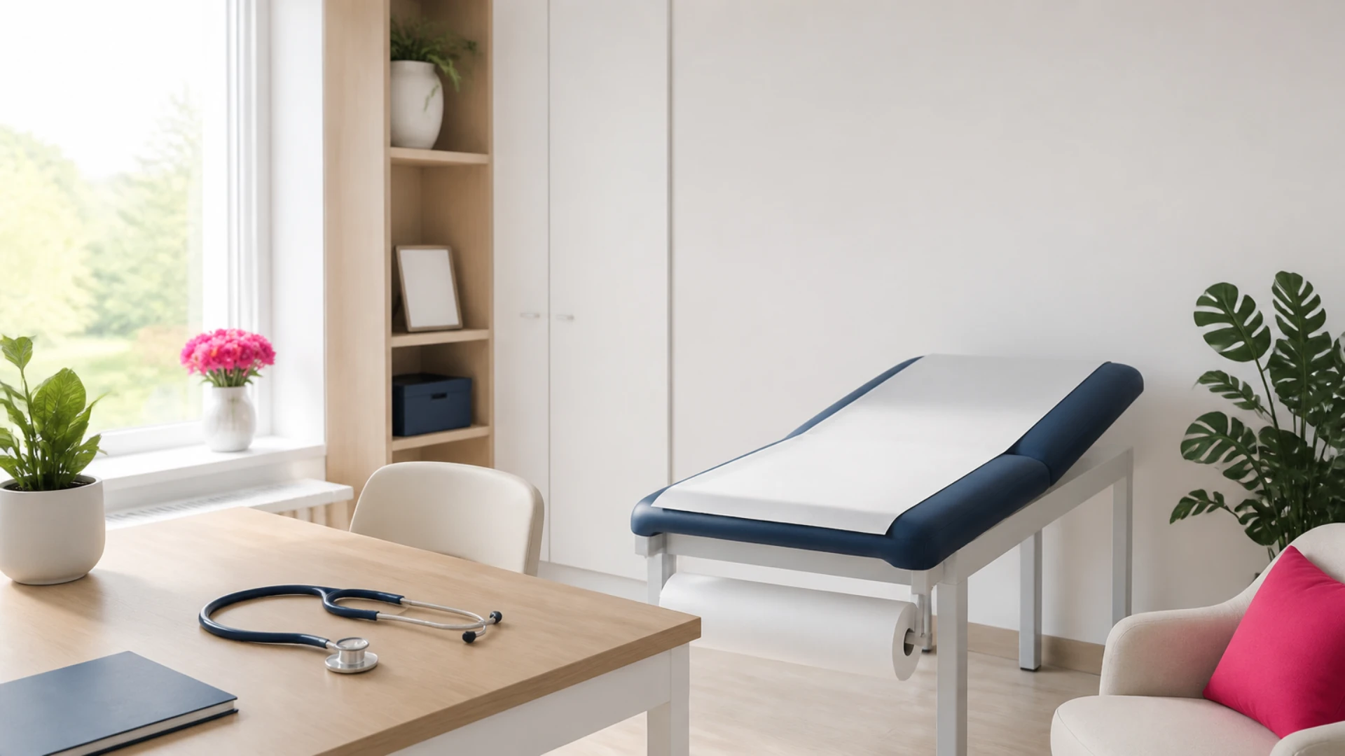 Cabinet médical désert avec bureau, stéthoscope posé et table d'examen