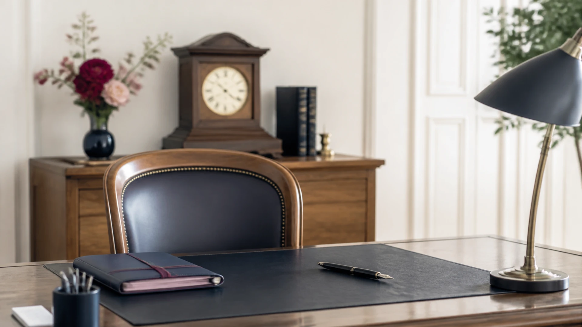 Bureau ancien d'étude notariale avec sous-main en cuir et minutier en arrière-plan