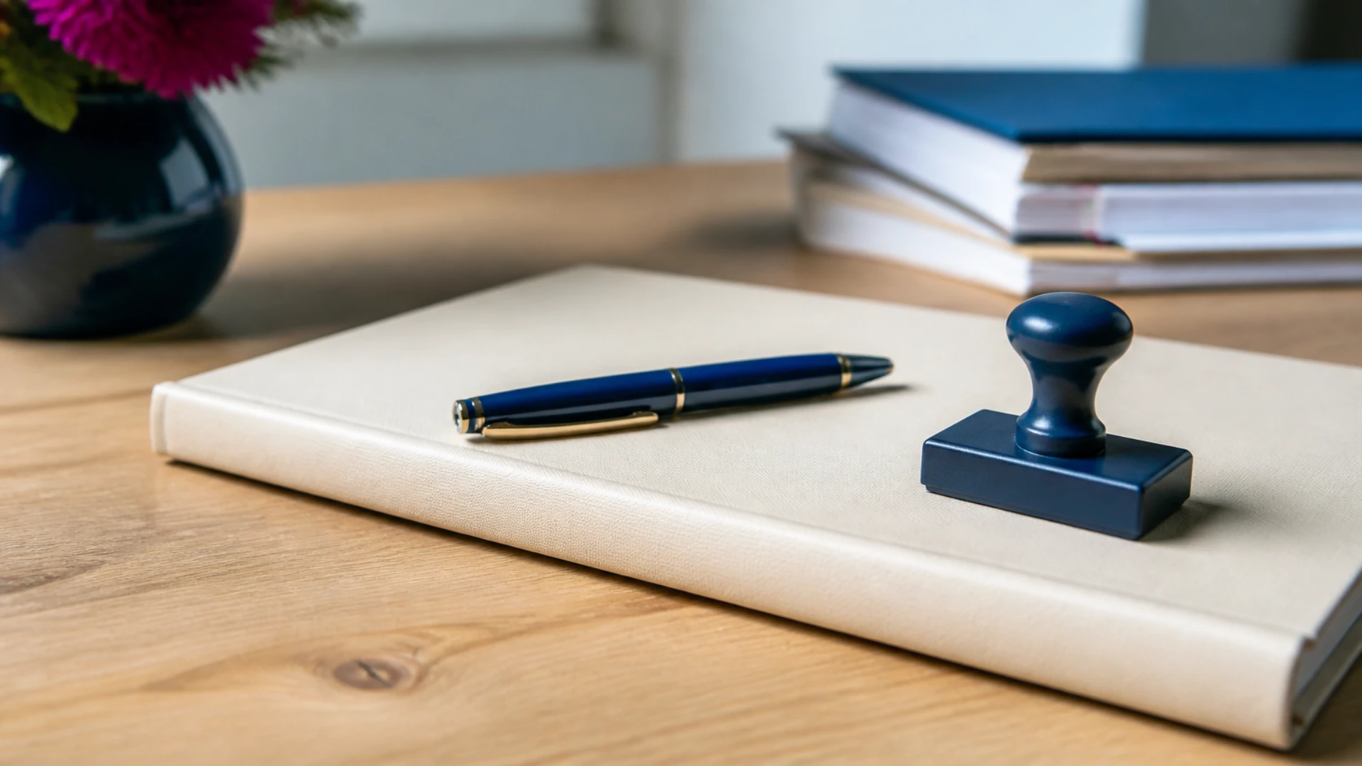 Acte relié fermé, tampon sec et stylo plume posés sur un bureau en bois massif