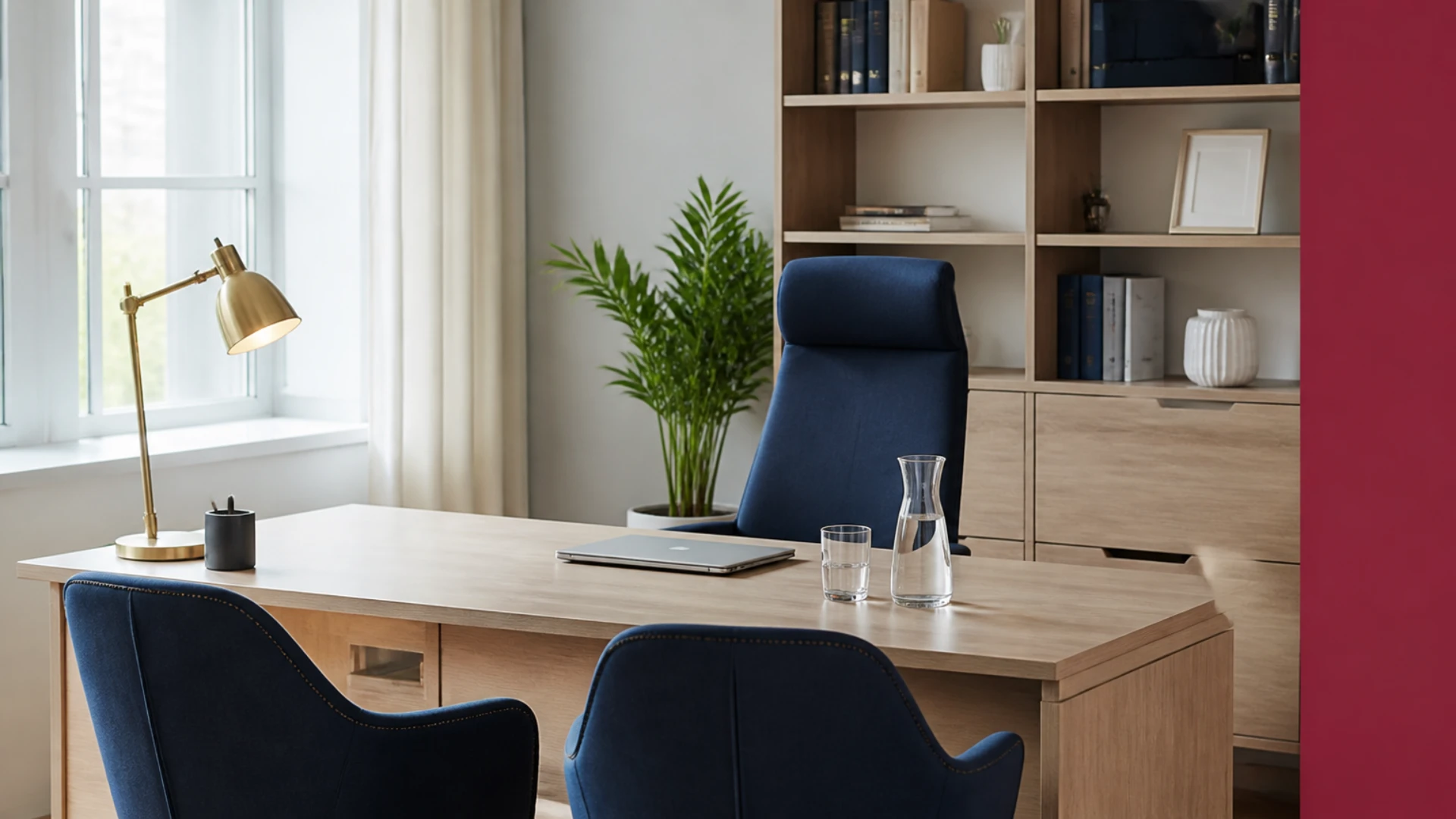 Bureau de professionnel libéral avec chaises visiteurs, chemise fermée et carafe d'eau