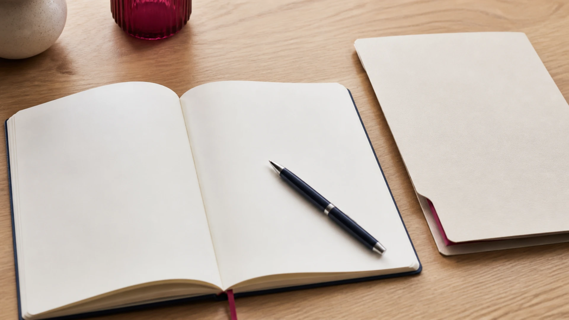 Agenda ouvert sur des pages vierges posé près d'un stylo et d'une chemise cartonnée
