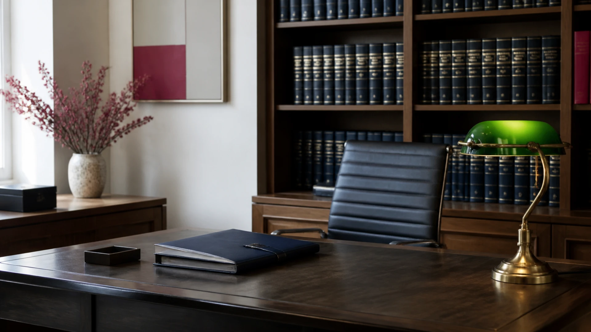 Bibliothèque de codes juridiques et chemise à sangles fermée sur le bureau d'un cabinet d'avocat