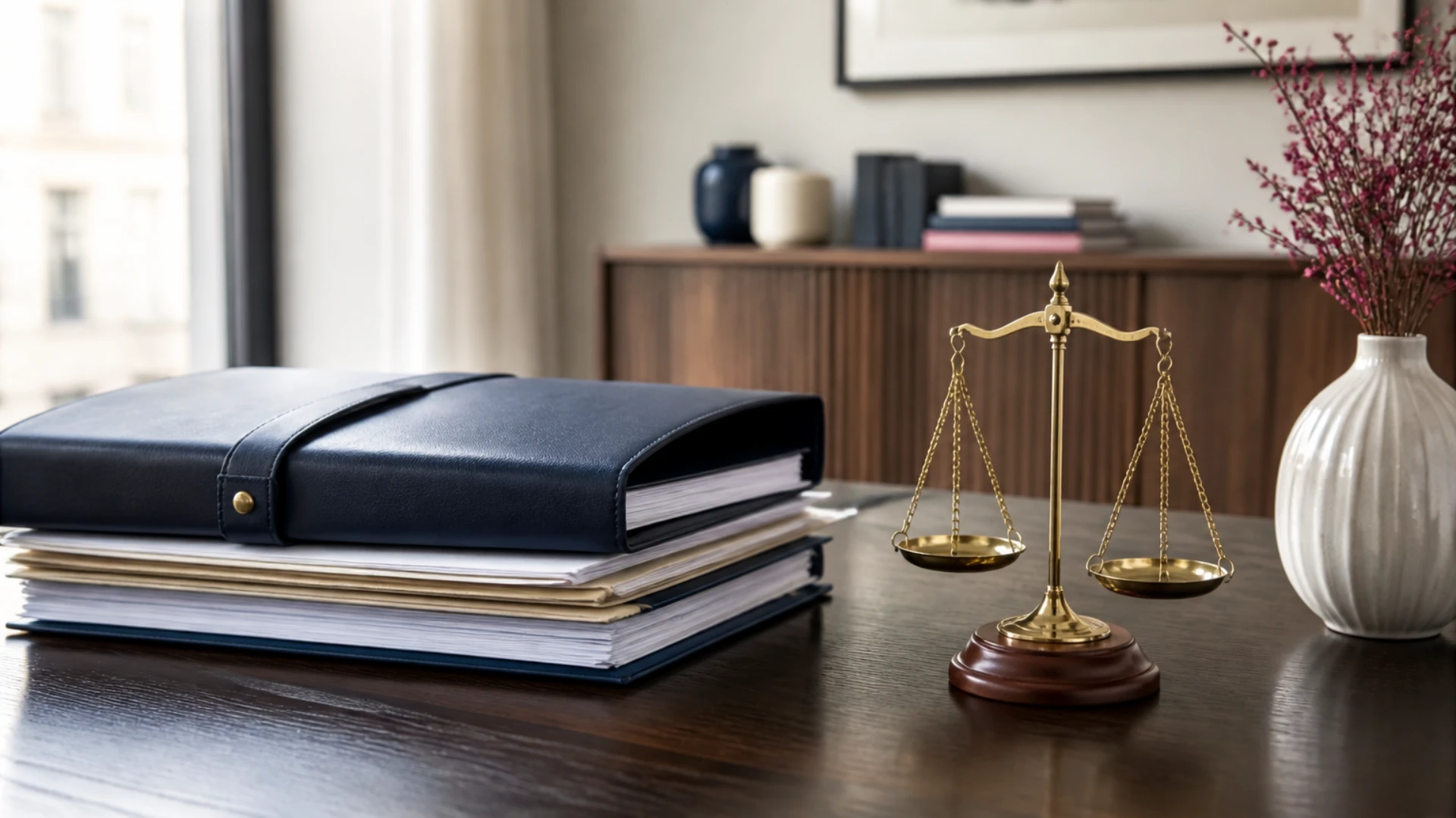 Chemise à sangles fermée posée sur une pile de dossiers près d'une balance en laiton