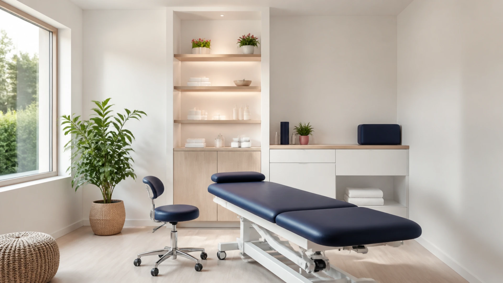 Cabinet paramédical désert avec table de soins et tabouret roulant