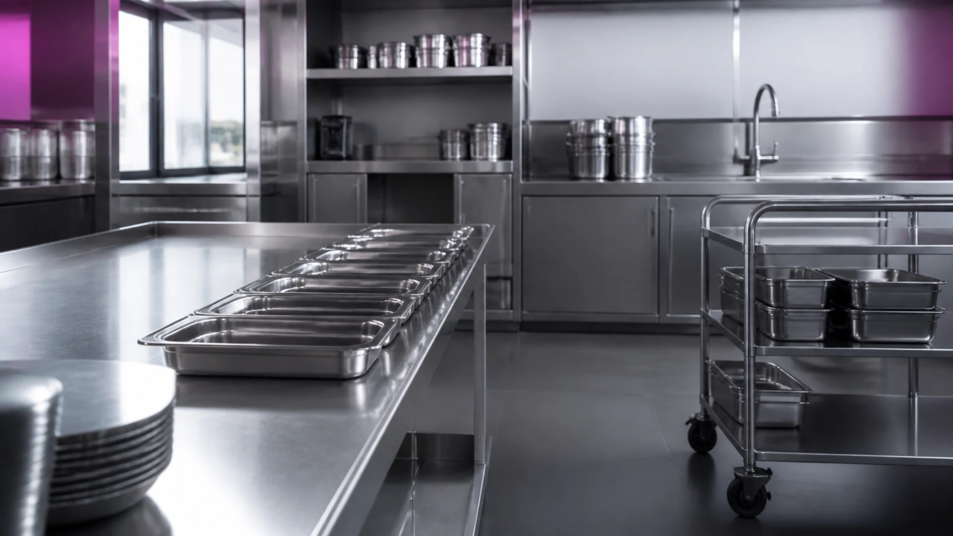 Laboratoire de traiteur en inox rangé avec plats de service alignés et chariot de transport