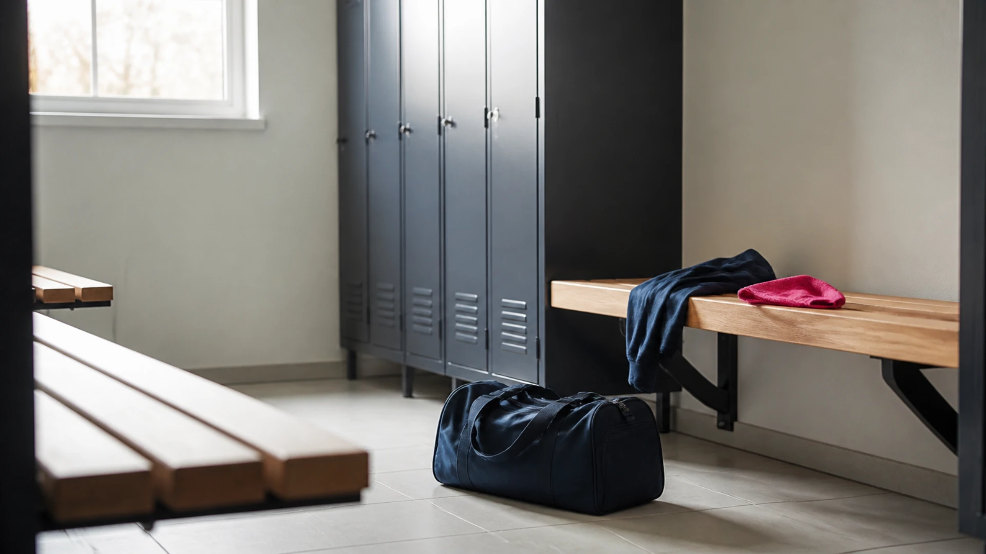 Vestiaire de club désert avec bancs en bois, casiers fermés et sac de sport posé au sol
