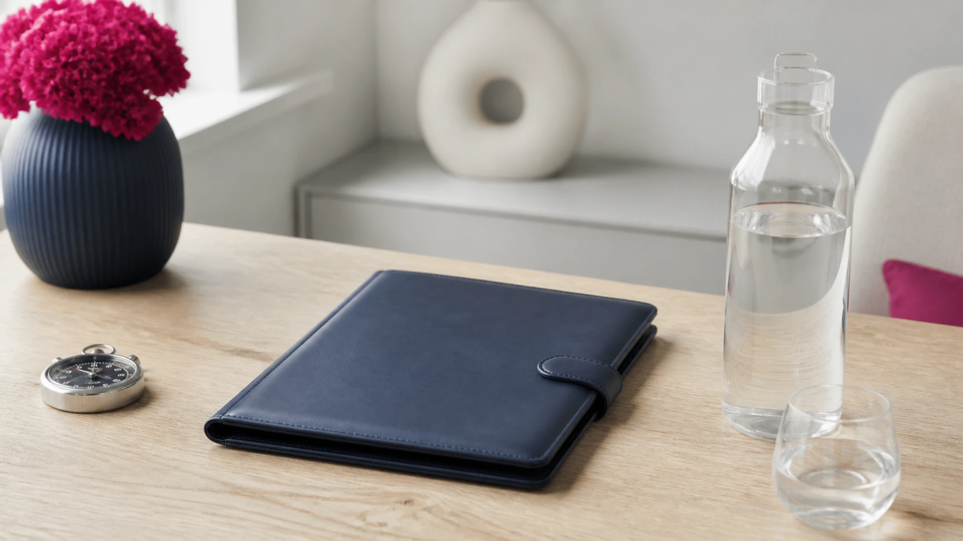 Chemise de signature en cuir fermée posée près d'un chronomètre sur une table en bois