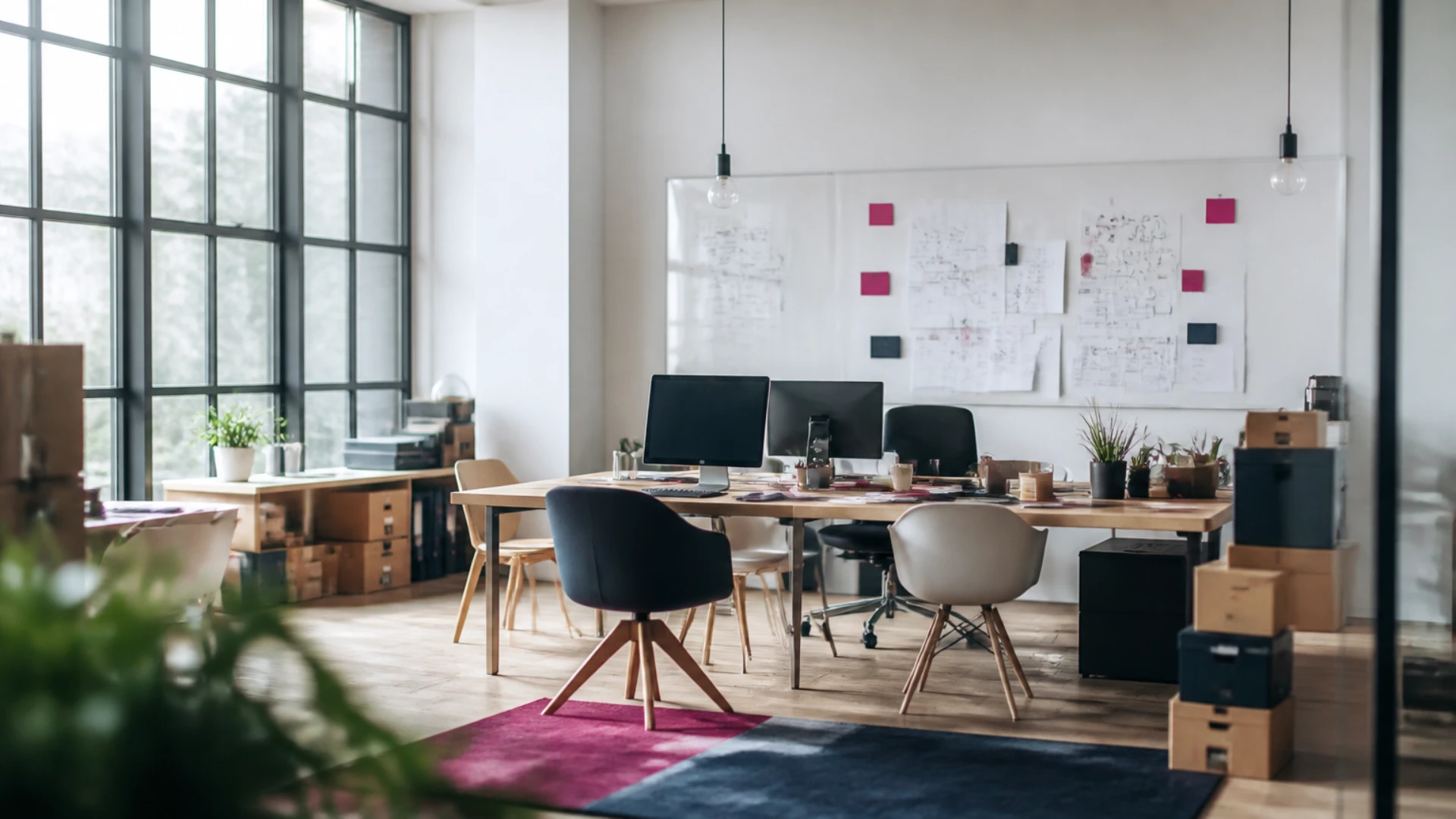 Espace de travail de start-up avec tableau blanc couvert de schémas et écrans éteints