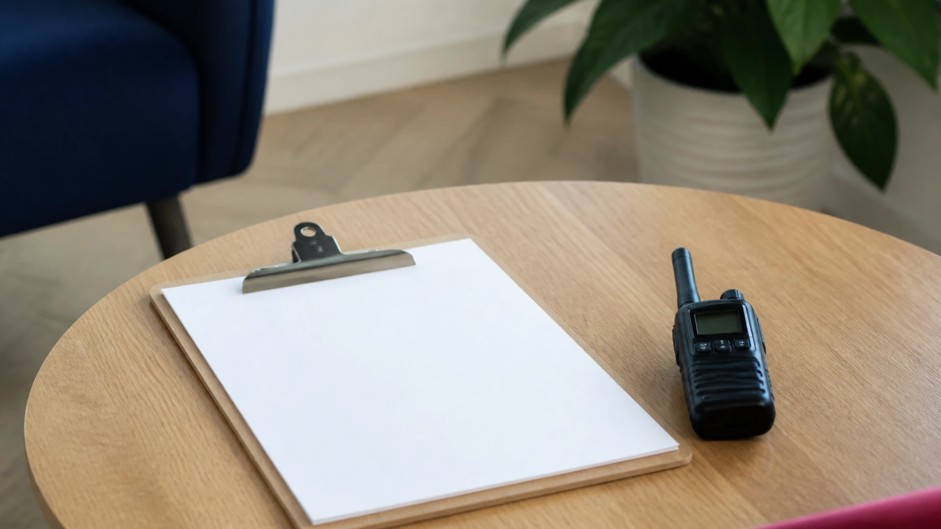 Rétroplanning vierge sur une planchette à pince posé sur une table ronde
