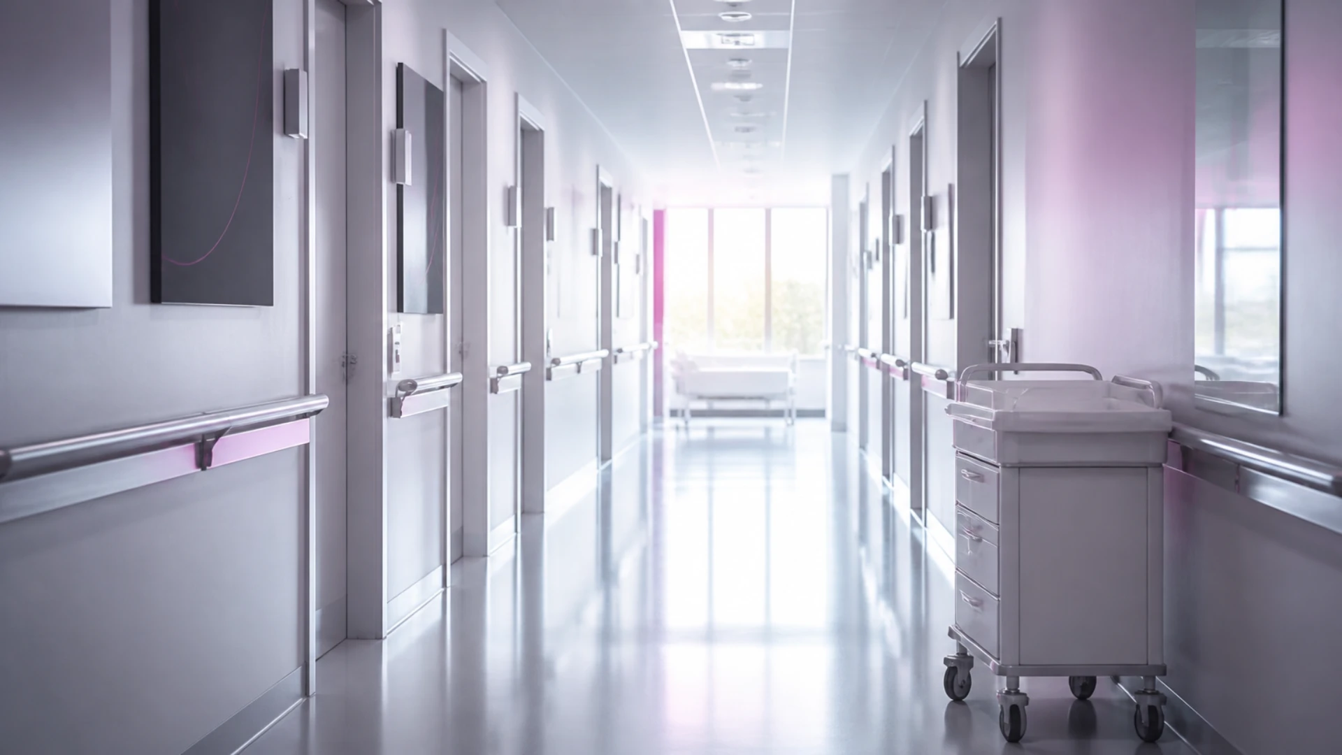 Couloir de clinique privée avec portes de chambres alignées et chariot de soins vide