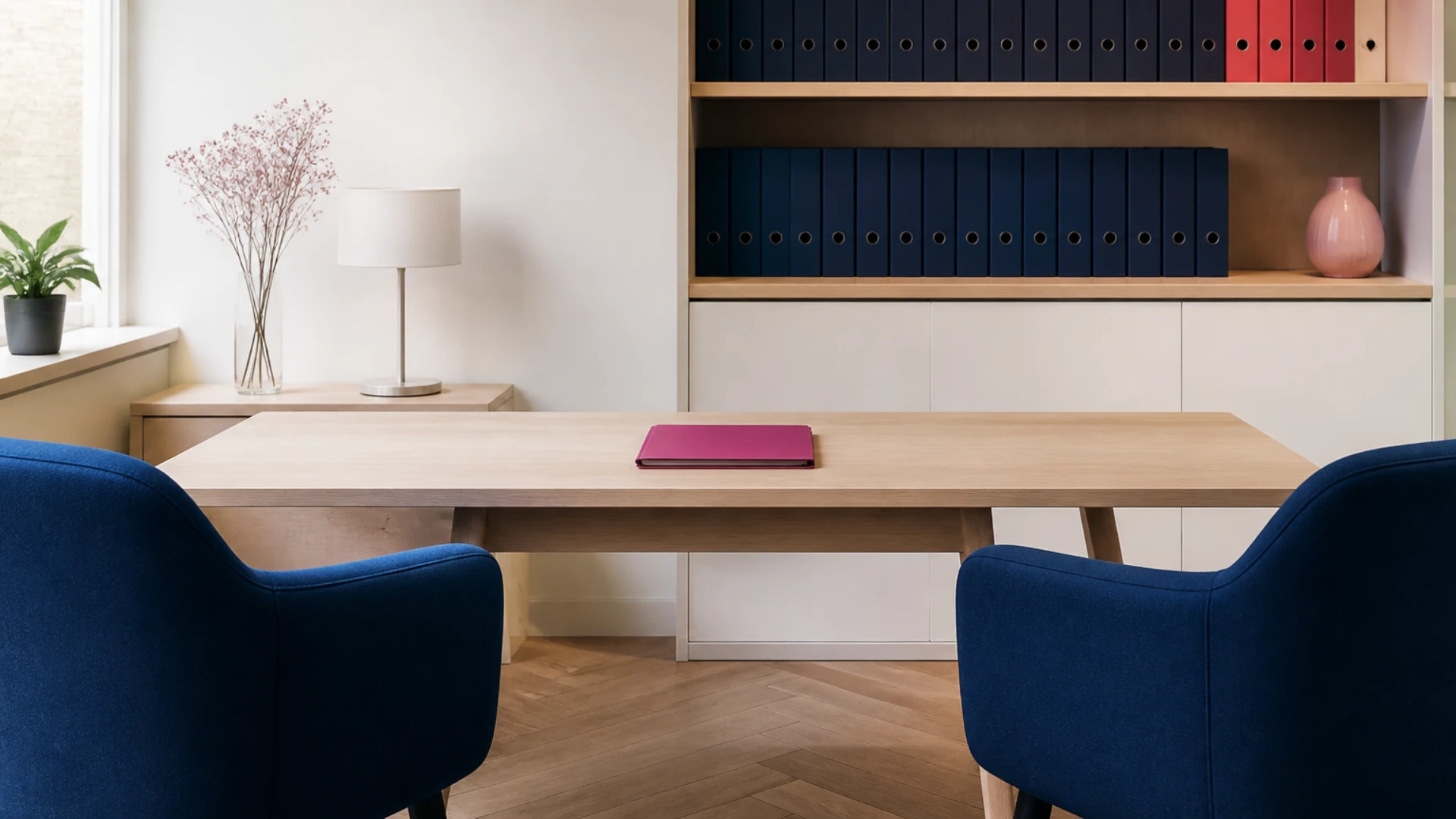 Bureau de courtier avec deux fauteuils, chemise fermée et étagère de classeurs