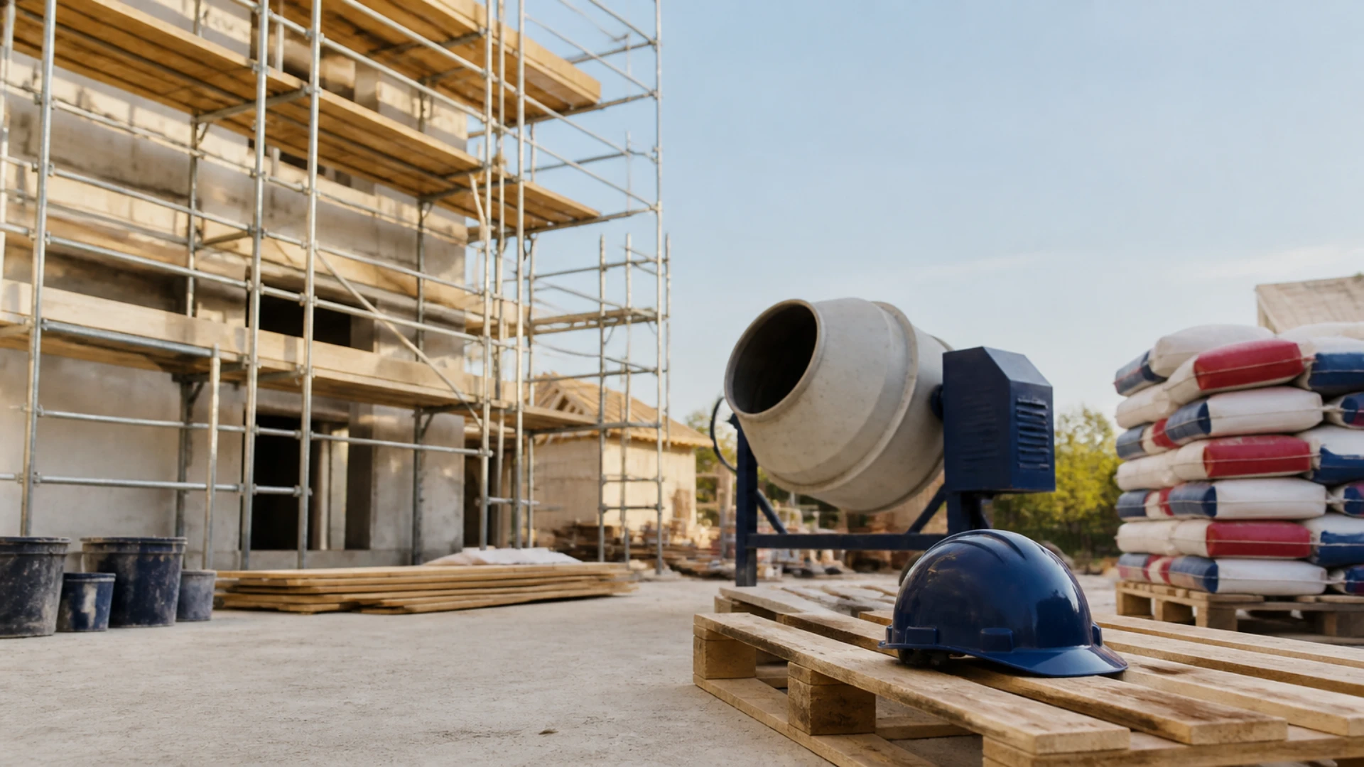 Chantier au repos avec échafaudage monté, sacs de mortier empilés et casque posé sur une palette