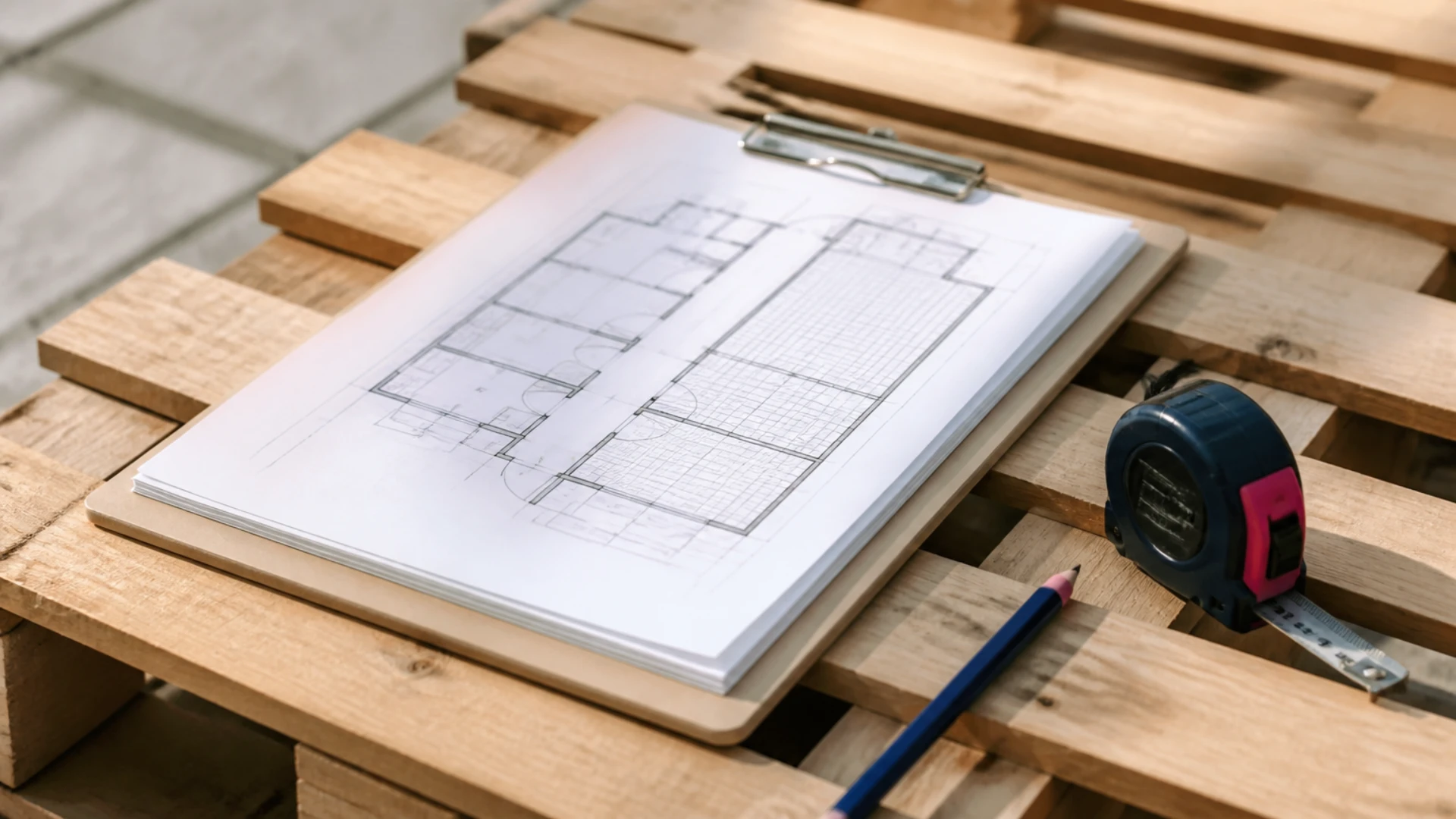 Plan de chantier plié sur une planchette à pince près d'un mètre ruban et d'un crayon