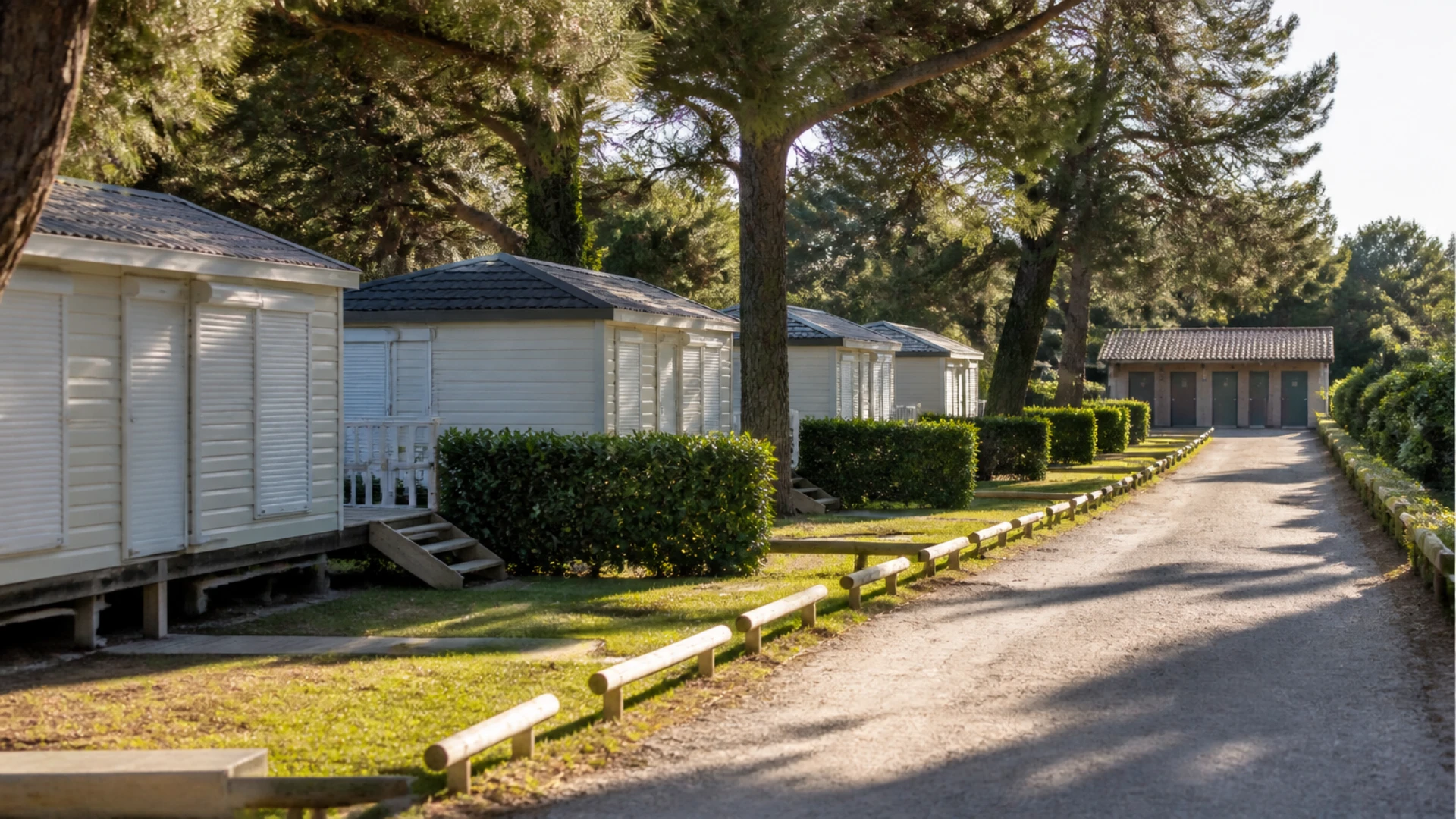 Allée de camping en début de saison avec emplacements vides et mobil-homes fermés