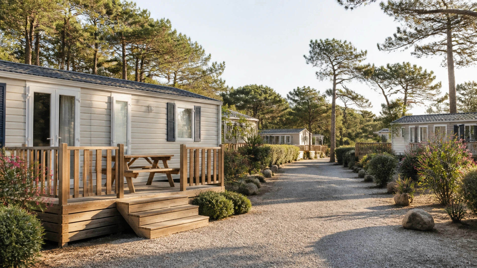 Mobil-home fermé et table de pique-nique sur un emplacement de camping hors saison