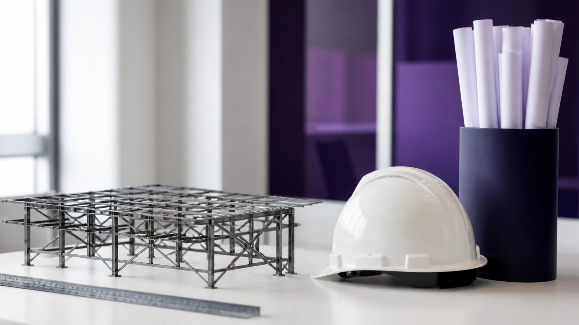 Bureau d’ingénierie avec maquette de structure, casque de chantier et rouleaux de plans fermés