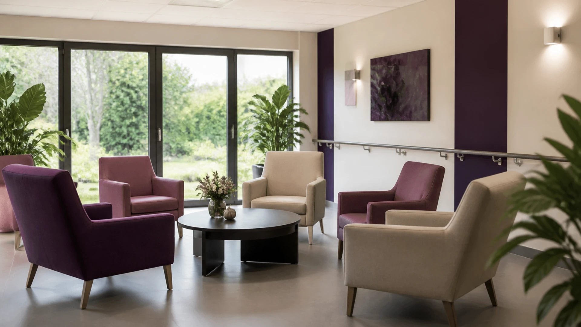 Salon commun d’une maison de retraite avec fauteuils en cercle et fenêtres ouvertes sur un jardin