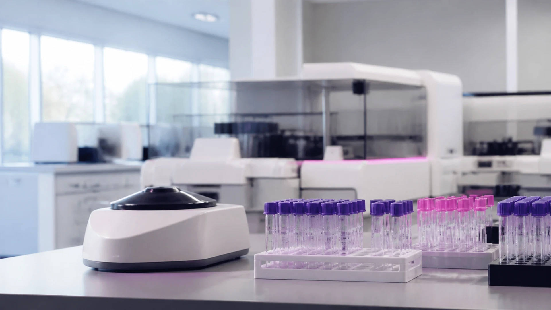 Paillasse de laboratoire d’analyses médicales avec portoirs de tubes vides et centrifugeuse