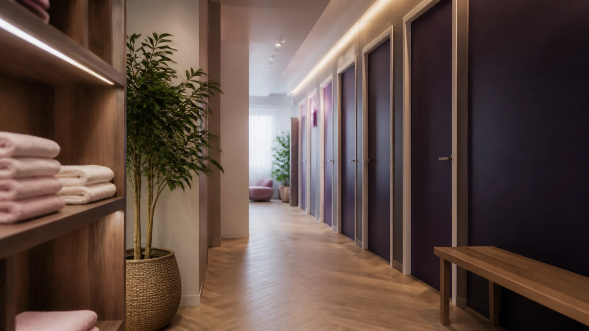 Couloir d’un centre de bien-être avec cabines fermées, banc et serviettes pliées