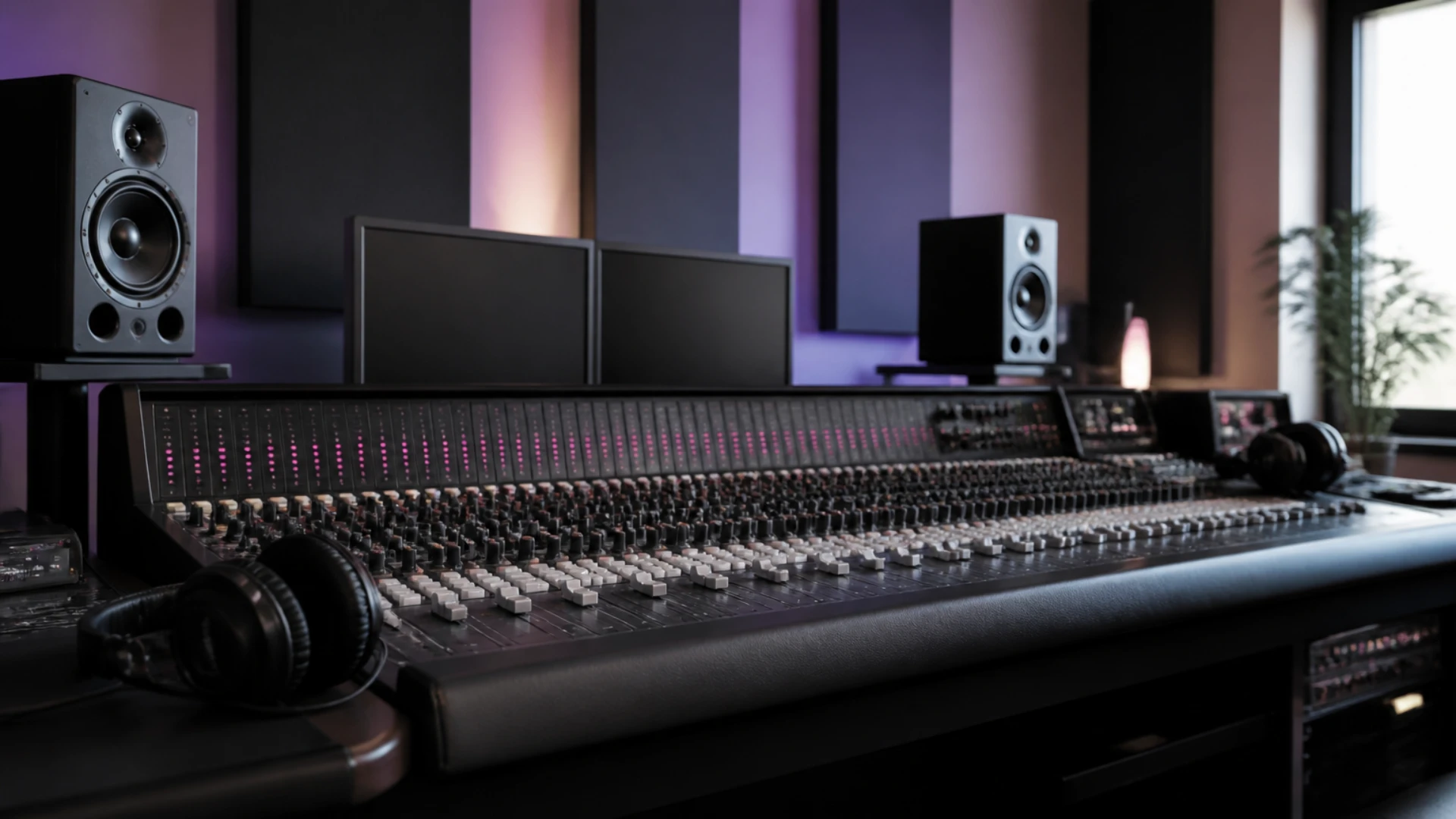 Régie de production musicale avec table de mixage analogique et enceintes de monitoring